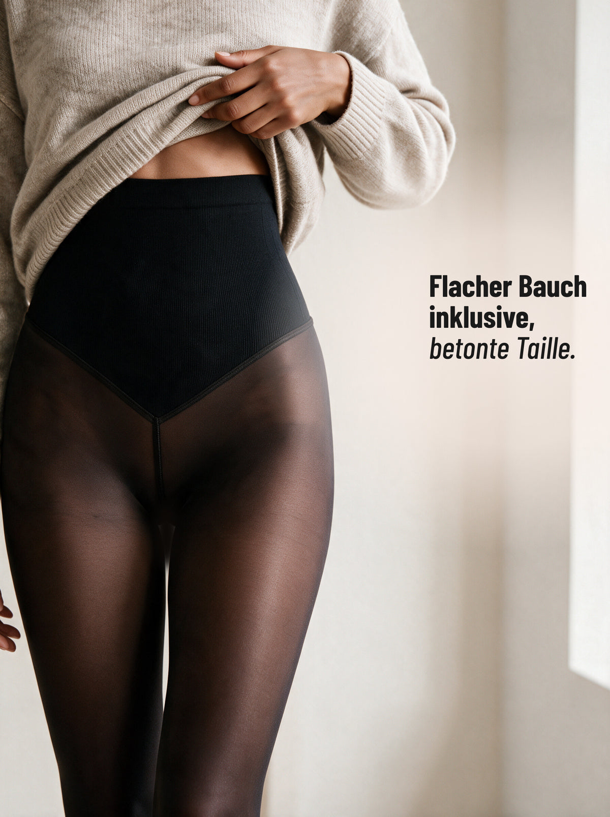 Hoher formender Bund der Thermo-Strumpfhose Kakao, bedeckt den Bauch