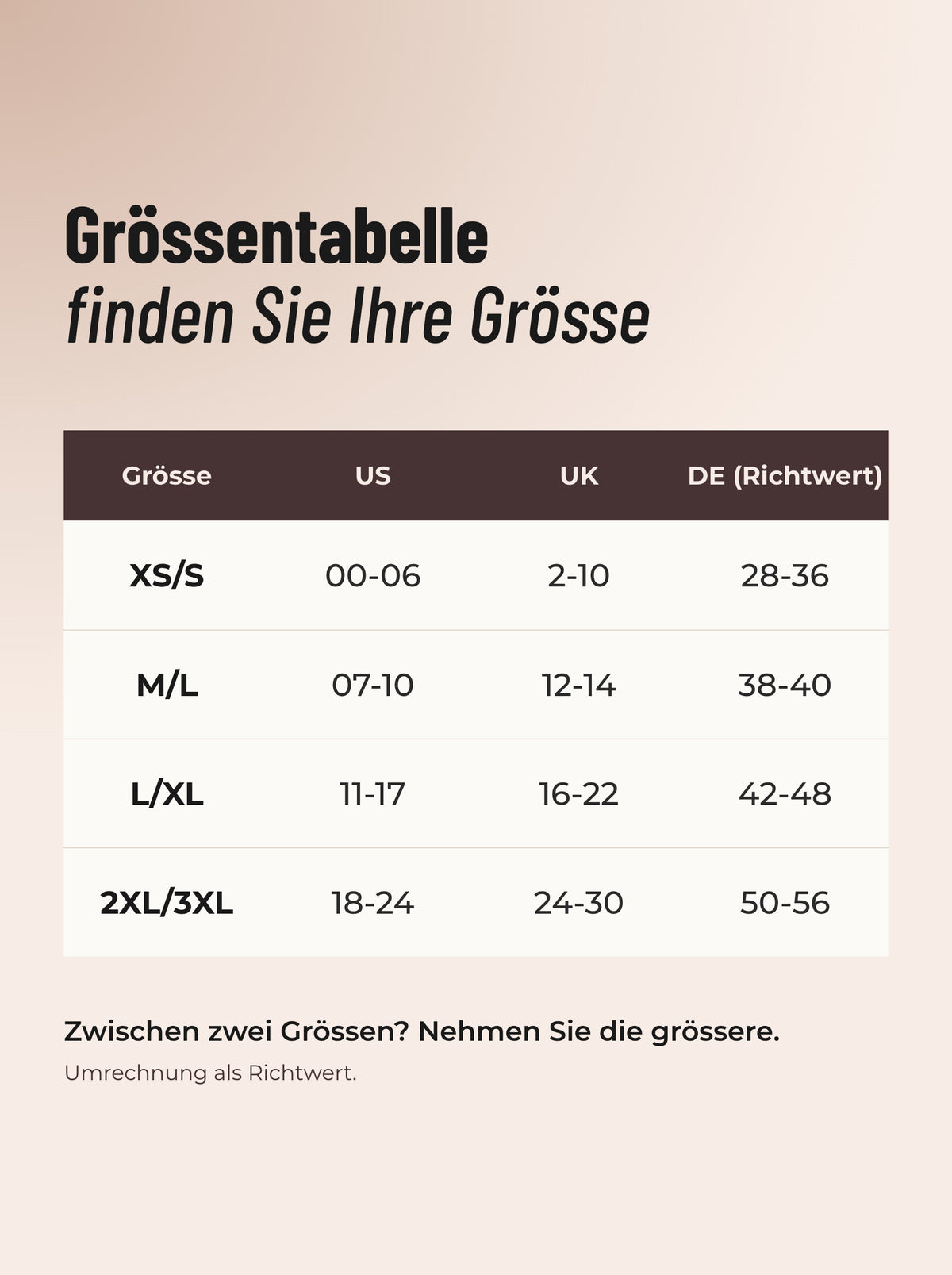 Grössentabelle der Fleece-Strumpfhose, von XS/S bis 2XL/3XL