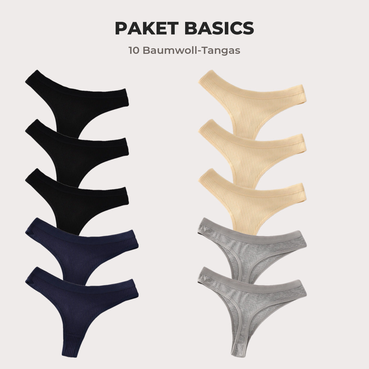 Paket Basics: 3 schwarz, 3 beige, 2 grau, 2 marineblau