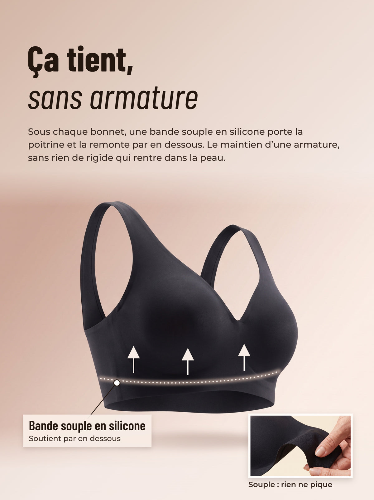 Ça tient, sans armature : la bande souple soutient la poitrine par en dessous