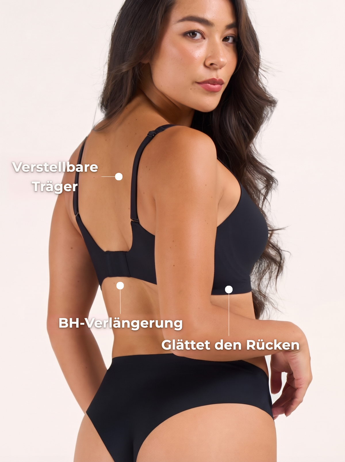 Rückenansicht des BHs: verstellbare Träger, BH-Verlängerung, glättet den Rücken