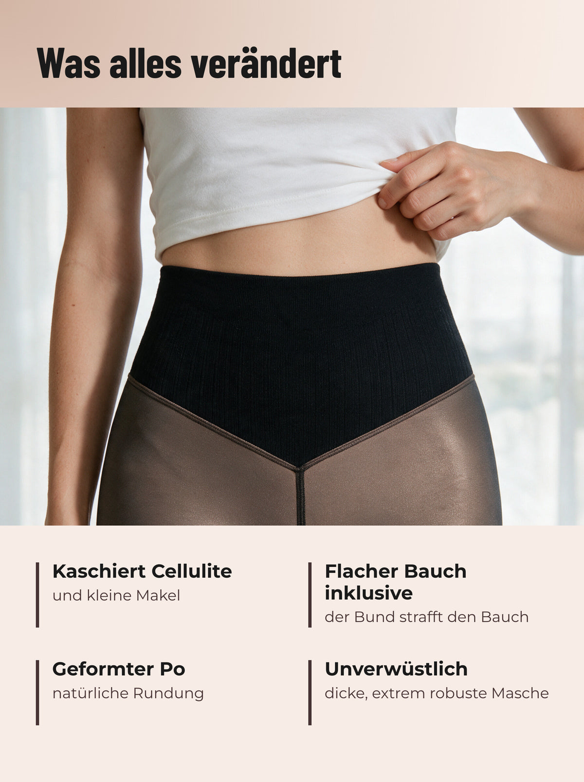 Hoher Bund und V-Naht der Thermo-Strumpfhose, getragen zu einem weissen Top: flacher Bauch, natürliche Rundung