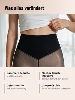 Hoher Bund und V-Naht der Thermo-Strumpfhose, getragen zu einem weissen Top: flacher Bauch, natürliche Rundung