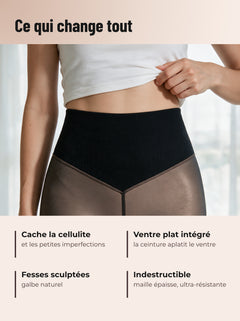 Ceinture haute et couture en V du collant polaire, portées avec un haut blanc : ventre plat, galbe naturel