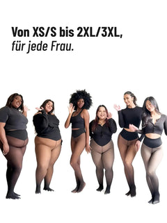 Sechs Frauen mit unterschiedlichen Figuren in der Fleece-Strumpfhose, von XS/S bis 2XL/3XL
