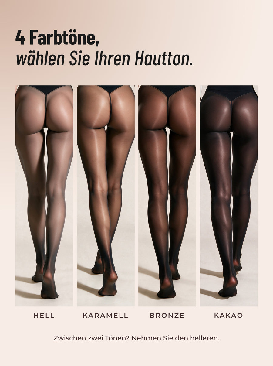 Die 4 Farbtöne der Thermo-Strumpfhose: Hell, Karamell, Bronze und Kakao