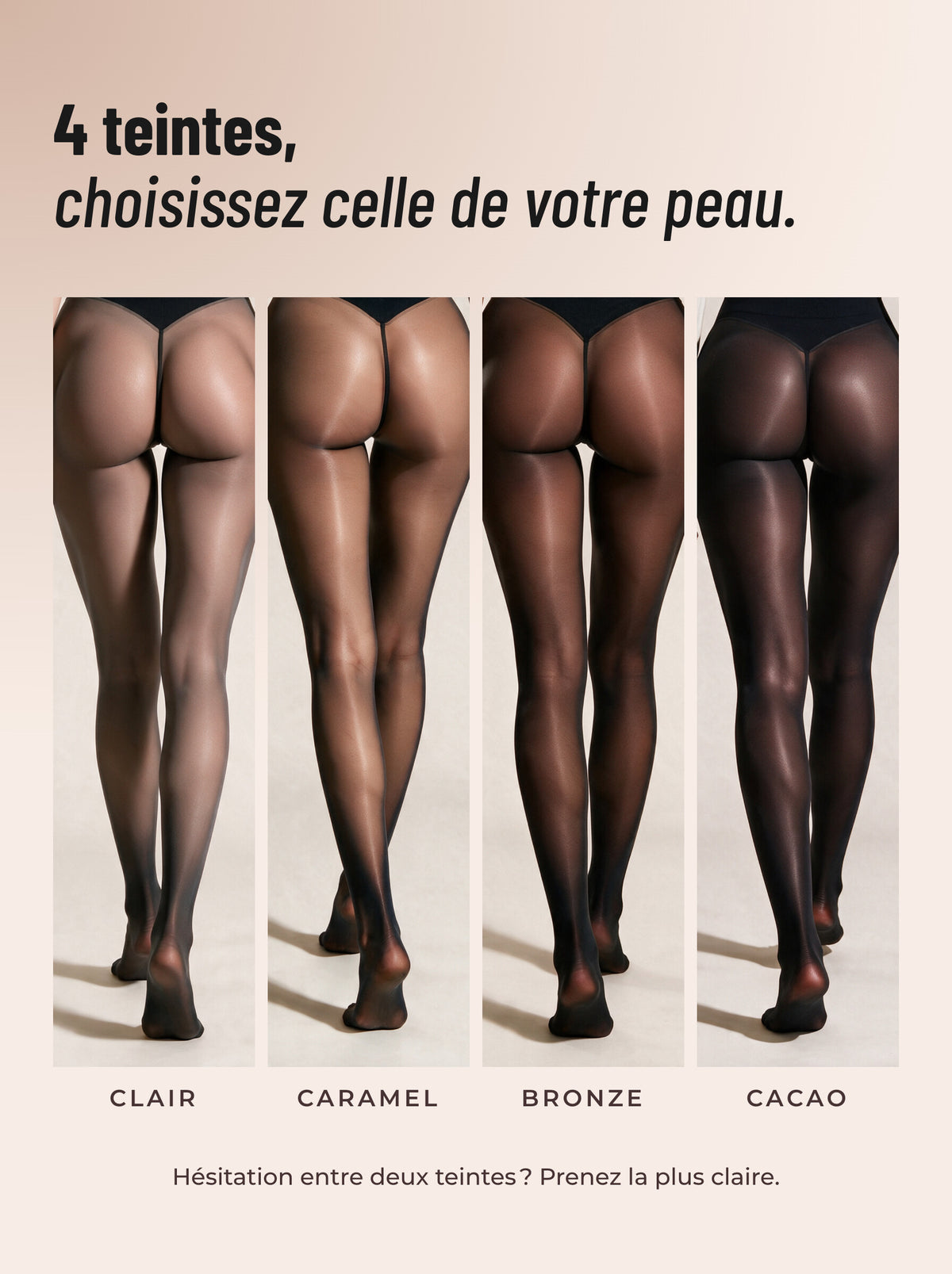 Les 4 teintes du collant polaire : Clair, Caramel, Bronze et Cacao