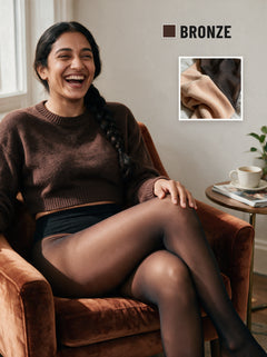 Thermo-Strumpfhose im Farbton Bronze, mit Nahaufnahme des Futters