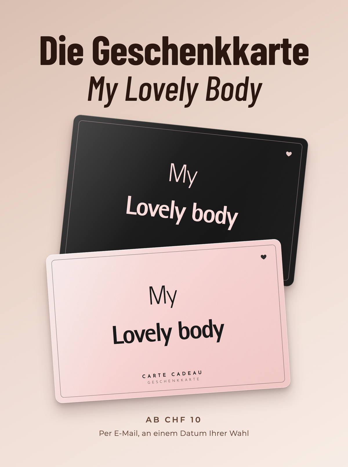 Geschenkkarte My Lovely Body: eine puderrosa Karte vor einer schwarzen Karte, Logo My Lovely Body