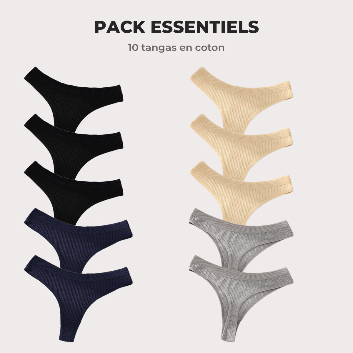 Pack Essentiels : 3 noirs, 3 beiges, 2 gris, 2 bleu marine